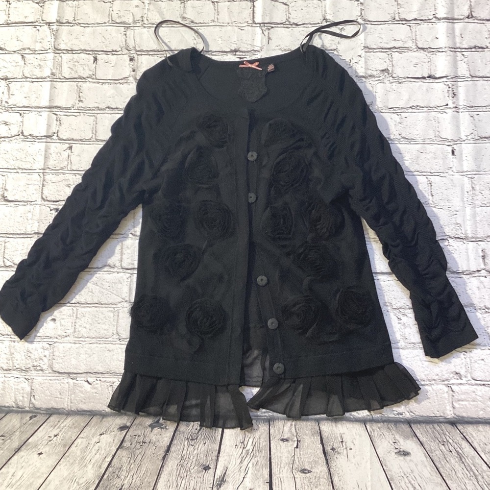 Twelve by Twelve Black Rosette Cardigan Pink Bow Chiffon Ruffle Trim Size M